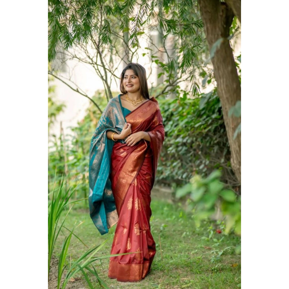 Women's Katan_Silk Zari_Weaving Saree With Unstitched Blouse 5.5Mtr (Maroon) - VANSHELLE