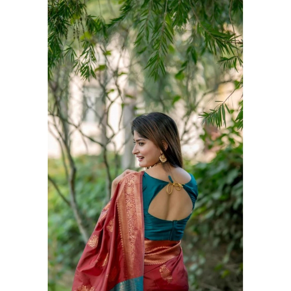 Women's Katan_Silk Zari_Weaving Saree With Unstitched Blouse 5.5Mtr (Maroon) - VANSHELLE