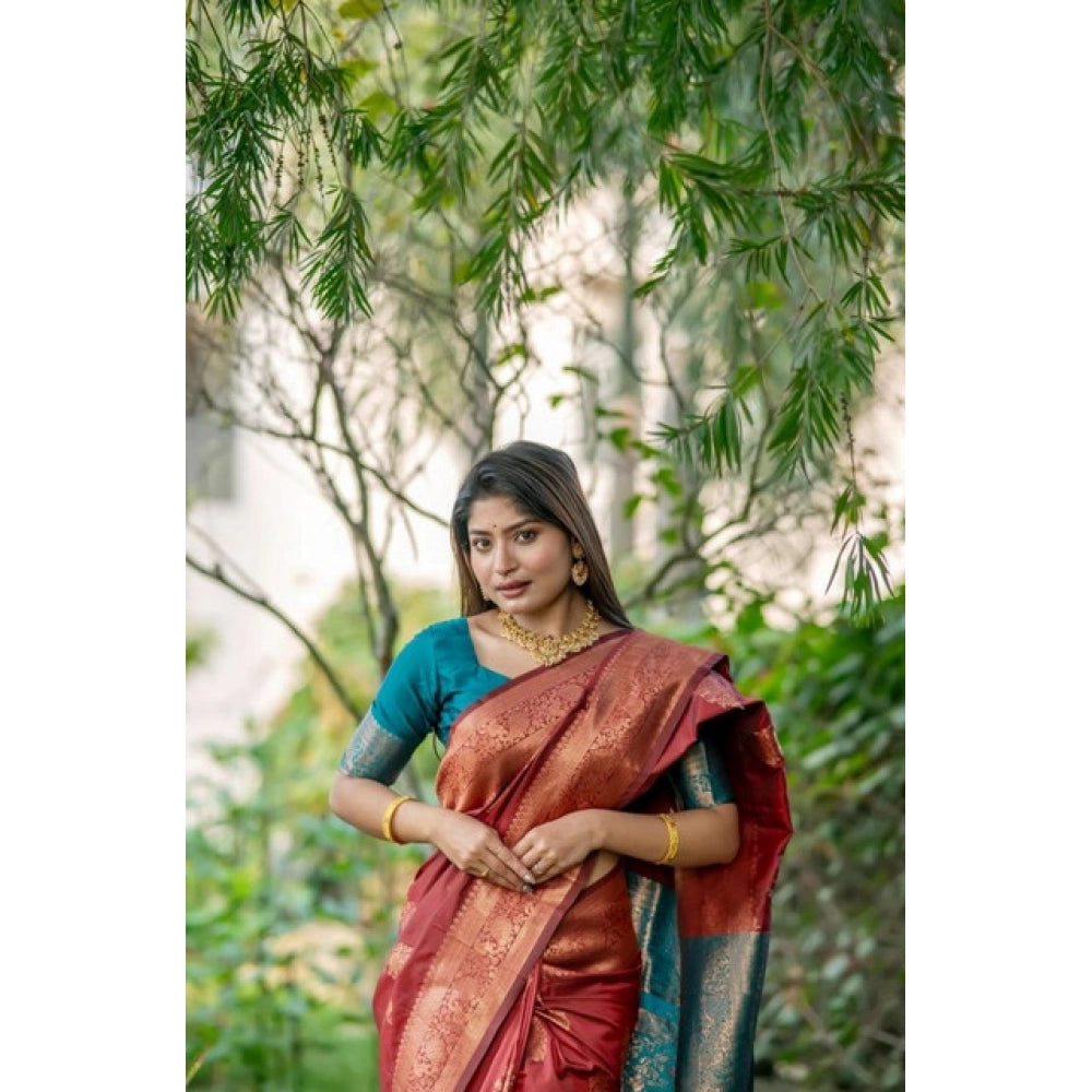 Women's Katan_Silk Zari_Weaving Saree With Unstitched Blouse 5.5Mtr (Maroon) - VANSHELLE
