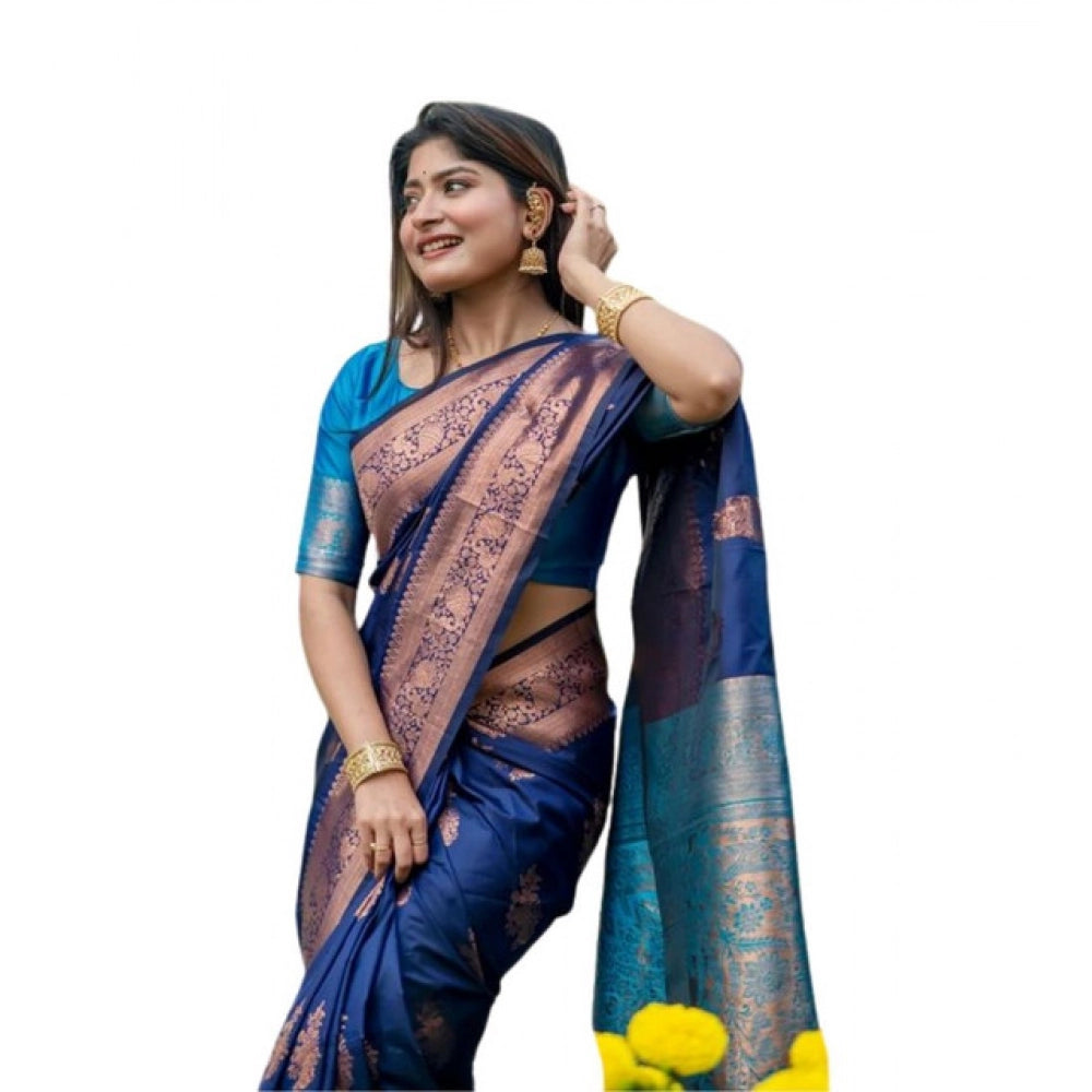 Women's Katan_Silk Zari_Weaving Saree With Unstitched Blouse 5.5Mtr (Navy_Blue) - VANSHELLE