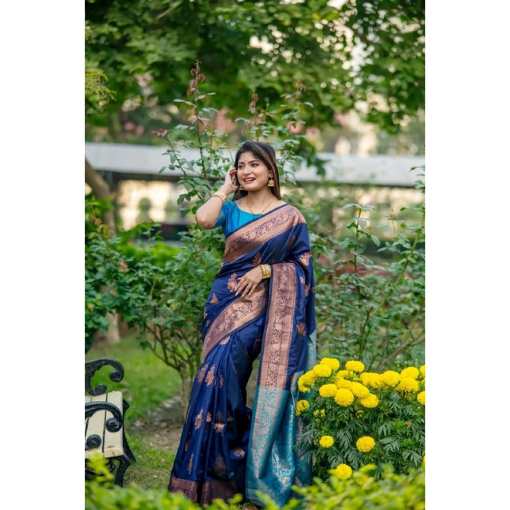Women's Katan_Silk Zari_Weaving Saree With Unstitched Blouse 5.5Mtr (Navy_Blue) - VANSHELLE