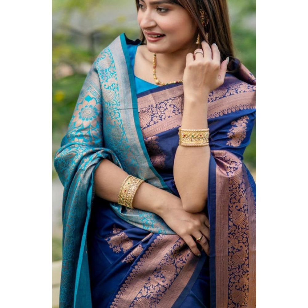 Women's Katan_Silk Zari_Weaving Saree With Unstitched Blouse 5.5Mtr (Navy_Blue) - VANSHELLE