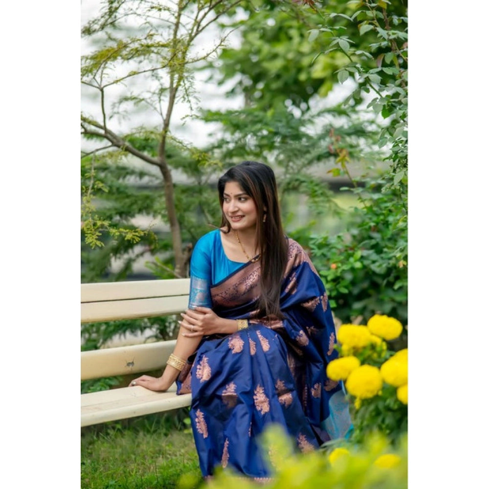 Women's Katan_Silk Zari_Weaving Saree With Unstitched Blouse 5.5Mtr (Navy_Blue) - VANSHELLE