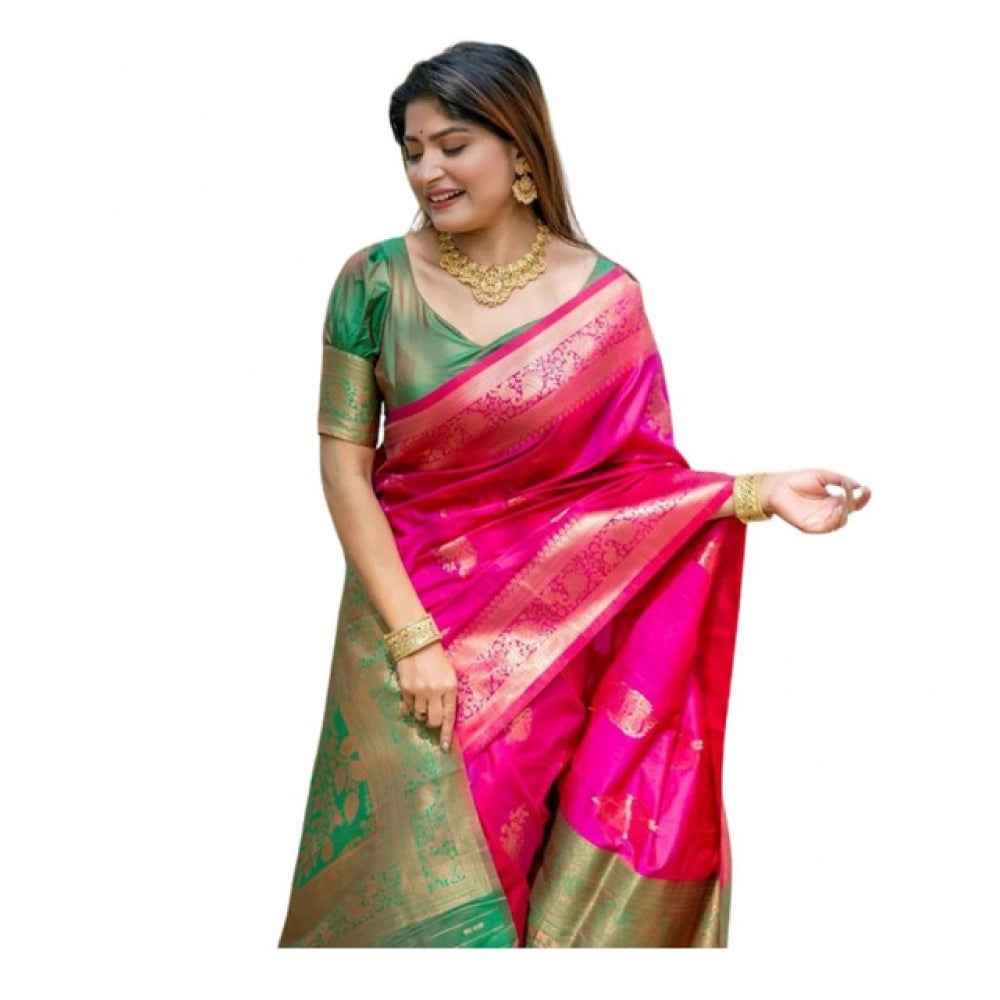Women's Katan_Silk Zari_Weaving Saree With Unstitched Blouse 5.5Mtr (Pink) - VANSHELLE