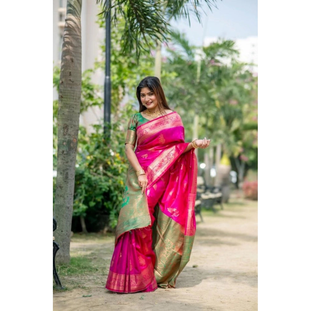 Women's Katan_Silk Zari_Weaving Saree With Unstitched Blouse 5.5Mtr (Pink) - VANSHELLE