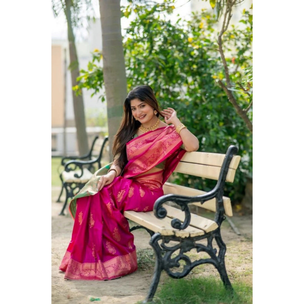 Women's Katan_Silk Zari_Weaving Saree With Unstitched Blouse 5.5Mtr (Pink) - VANSHELLE