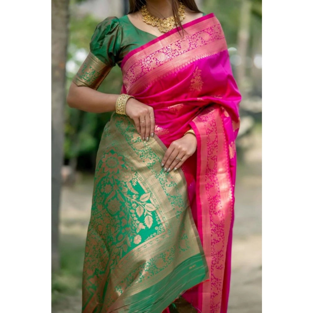 Women's Katan_Silk Zari_Weaving Saree With Unstitched Blouse 5.5Mtr (Pink) - VANSHELLE