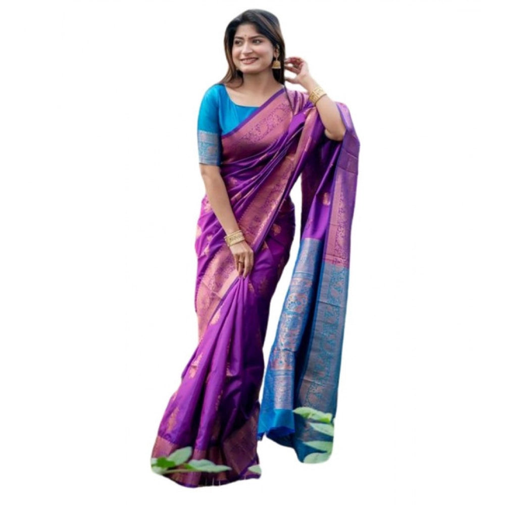 Women's Katan_Silk Zari_Weaving Saree With Unstitched Blouse 5.5Mtr (Purple) - VANSHELLE