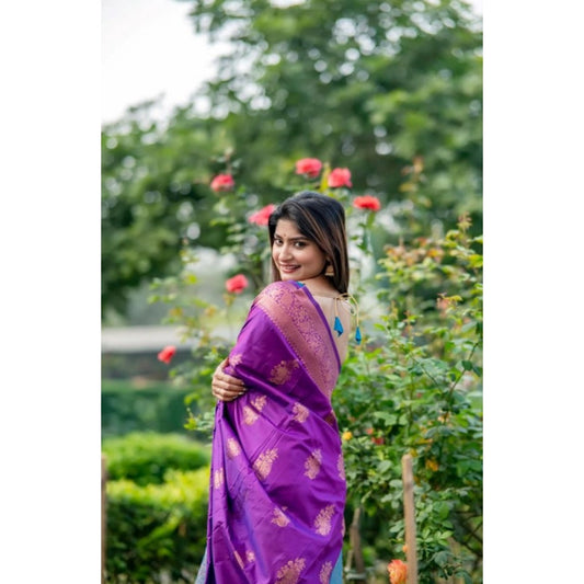 Women's Katan_Silk Zari_Weaving Saree With Unstitched Blouse 5.5Mtr (Purple) - VANSHELLE