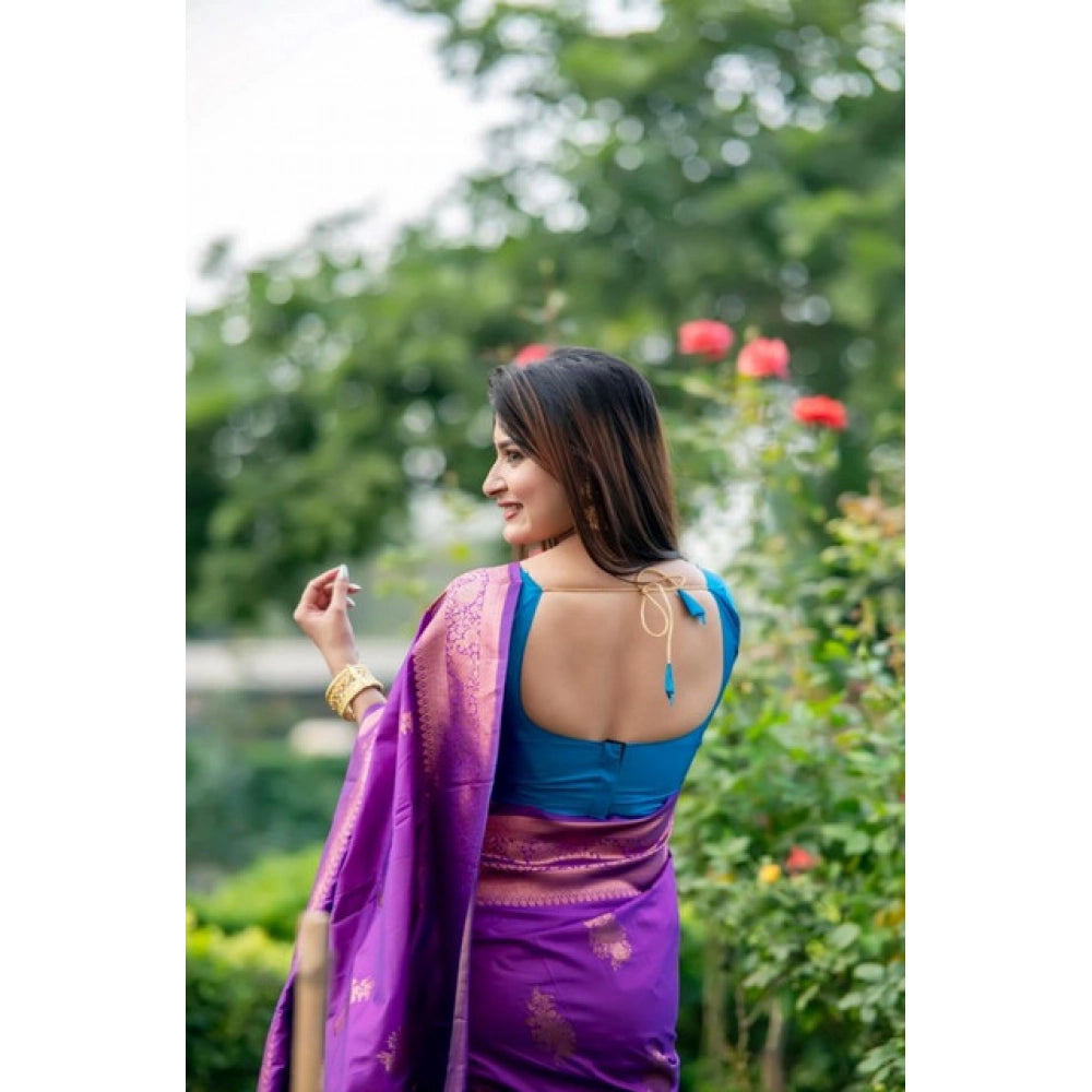 Women's Katan_Silk Zari_Weaving Saree With Unstitched Blouse 5.5Mtr (Purple) - VANSHELLE