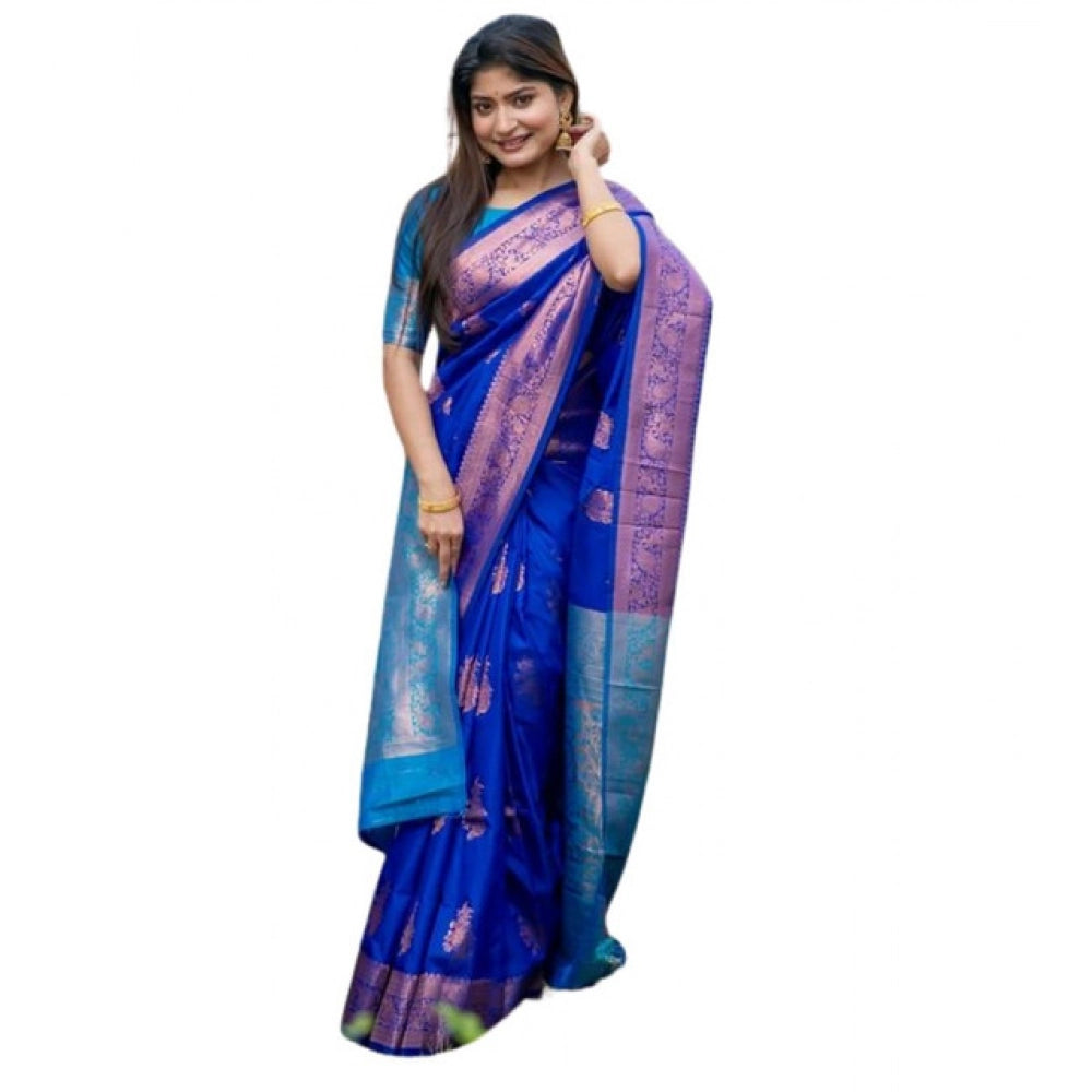Women's Katan_Silk Zari_Weaving Saree With Unstitched Blouse 5.5Mtr (Royal_Blue) - VANSHELLE