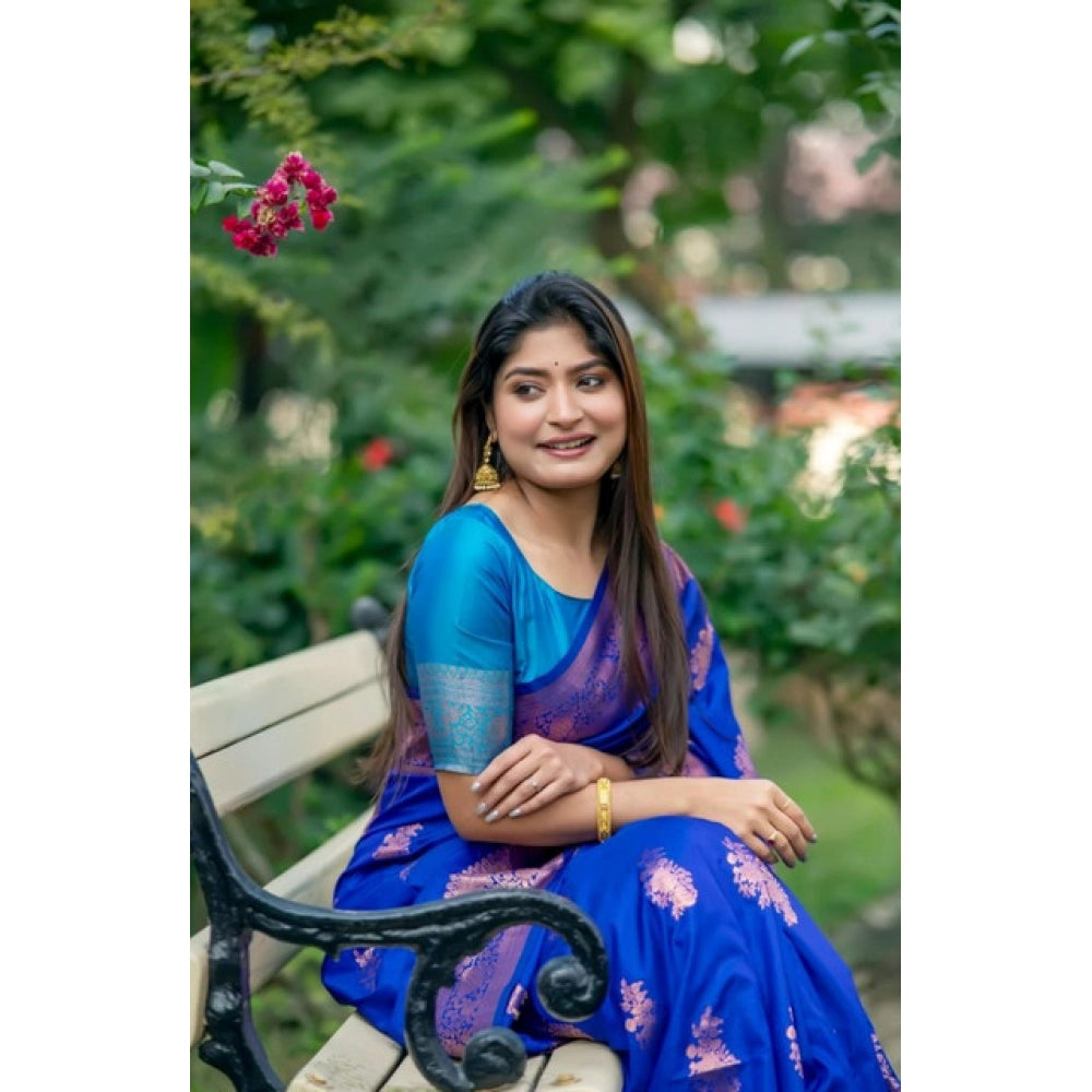 Women's Katan_Silk Zari_Weaving Saree With Unstitched Blouse 5.5Mtr (Royal_Blue) - VANSHELLE