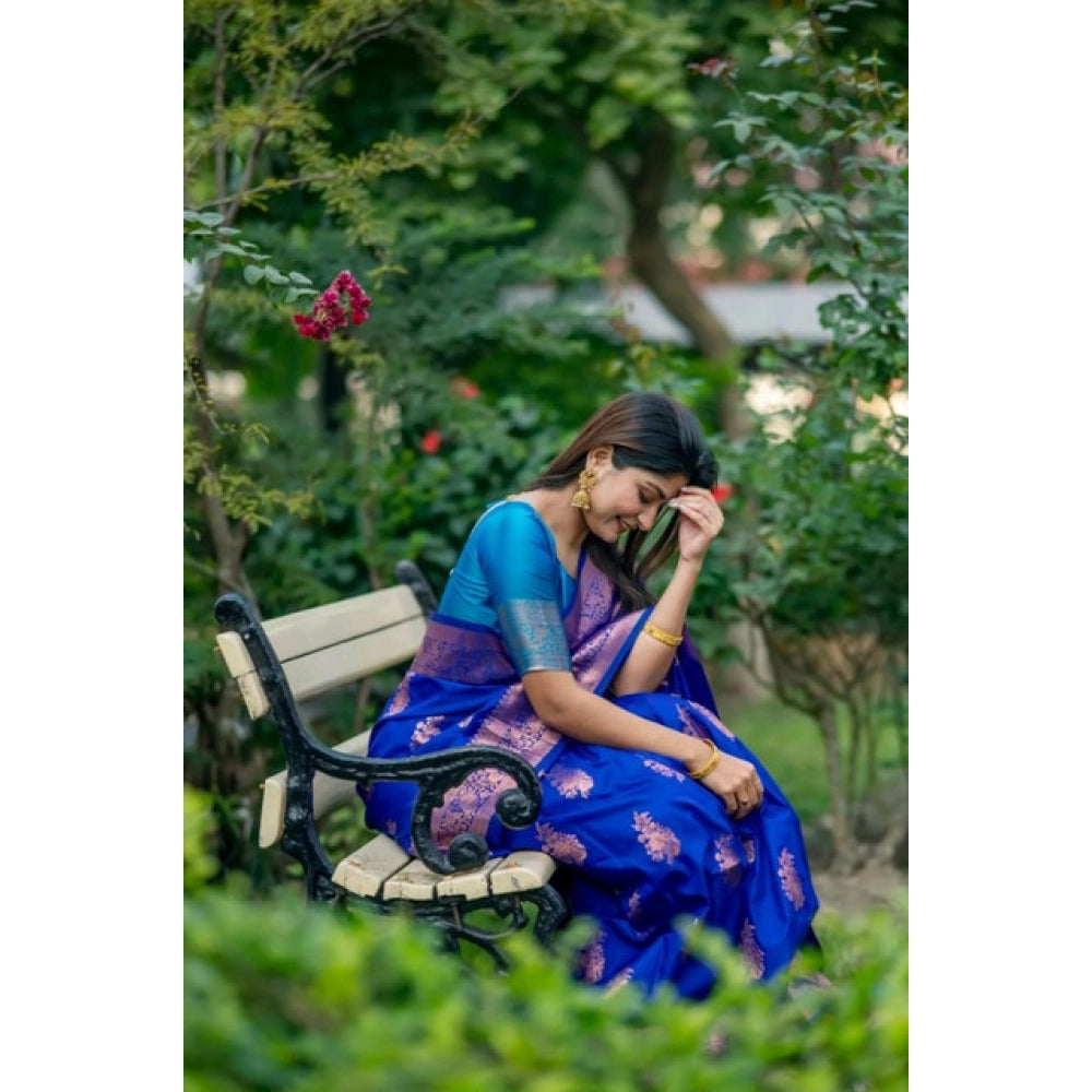 Women's Katan_Silk Zari_Weaving Saree With Unstitched Blouse 5.5Mtr (Royal_Blue) - VANSHELLE
