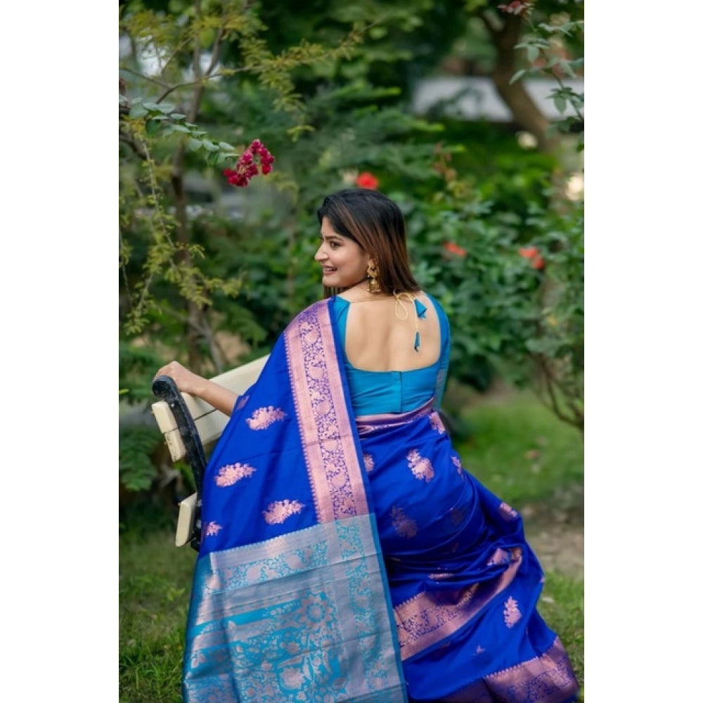 Women's Katan_Silk Zari_Weaving Saree With Unstitched Blouse 5.5Mtr (Royal_Blue) - VANSHELLE