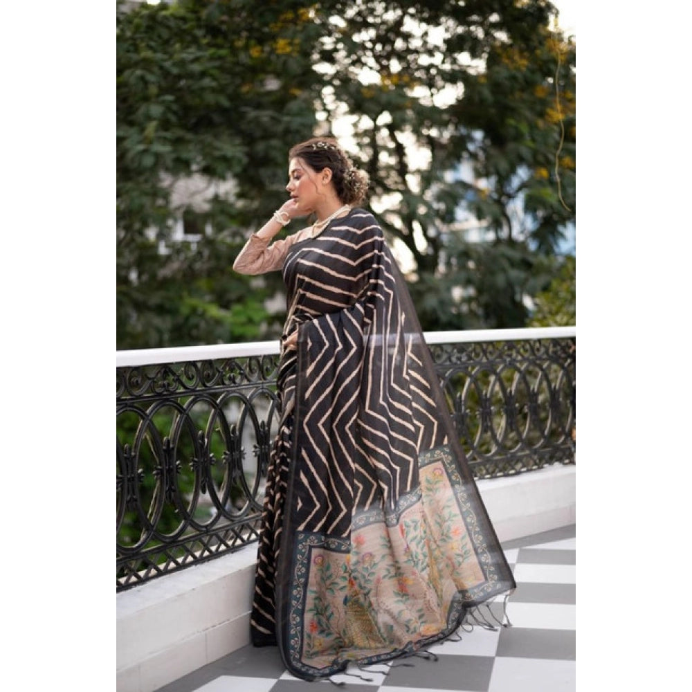 Women's Faux_Tussar_Silk Geometric_Print Saree With Unstitched Blouse 5.5Mtr (Black) - VANSHELLE
