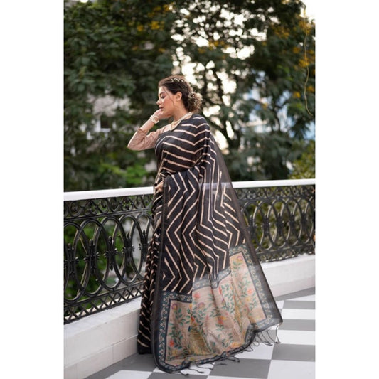 Women's Faux_Tussar_Silk Geometric_Print Saree With Unstitched Blouse 5.5Mtr (Black) - VANSHELLE