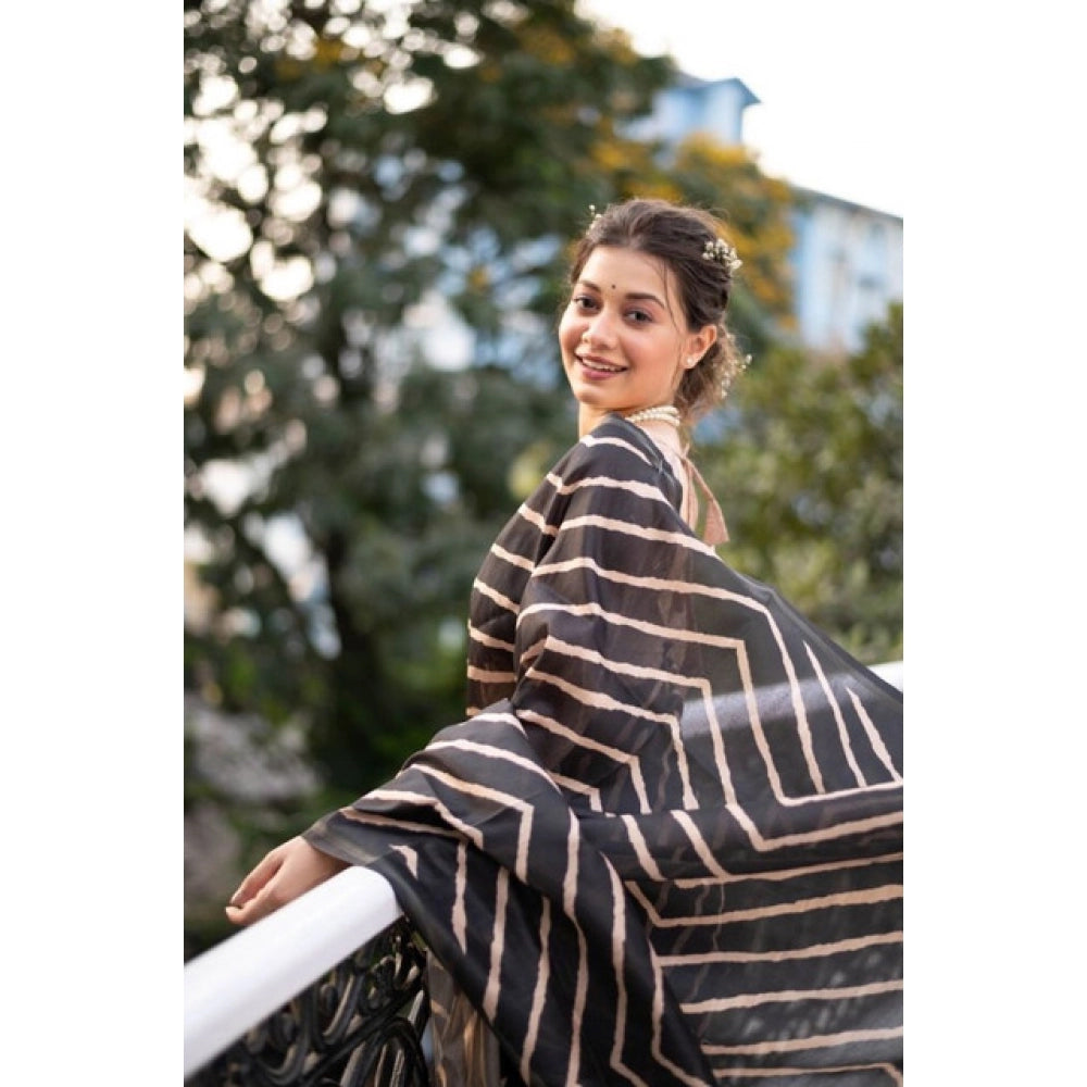 Women's Faux_Tussar_Silk Geometric_Print Saree With Unstitched Blouse 5.5Mtr (Black) - VANSHELLE