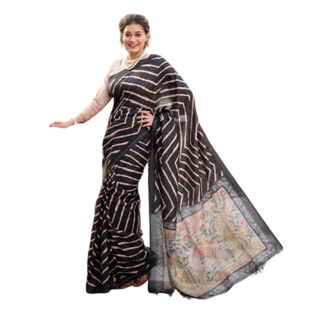 Women's Faux_Tussar_Silk Geometric_Print Saree With Unstitched Blouse 5.5Mtr (Black) - VANSHELLE