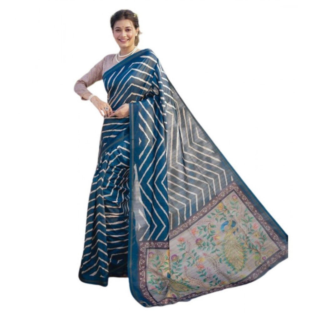 Women's Faux_Tussar_Silk Geometric_Print Saree With Unstitched Blouse 5.5Mtr (Blue) - VANSHELLE