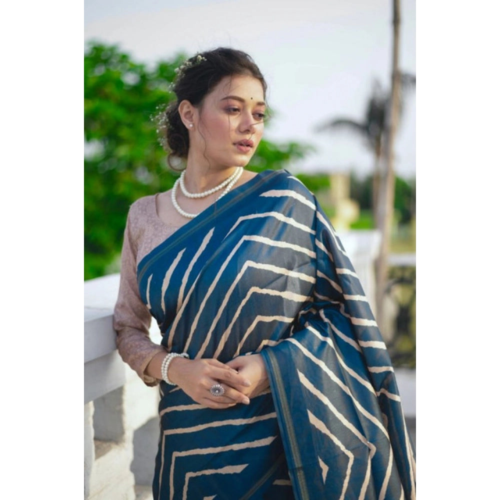 Women's Faux_Tussar_Silk Geometric_Print Saree With Unstitched Blouse 5.5Mtr (Blue) - VANSHELLE
