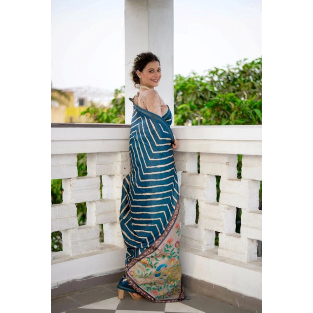 Women's Faux_Tussar_Silk Geometric_Print Saree With Unstitched Blouse 5.5Mtr (Blue) - VANSHELLE