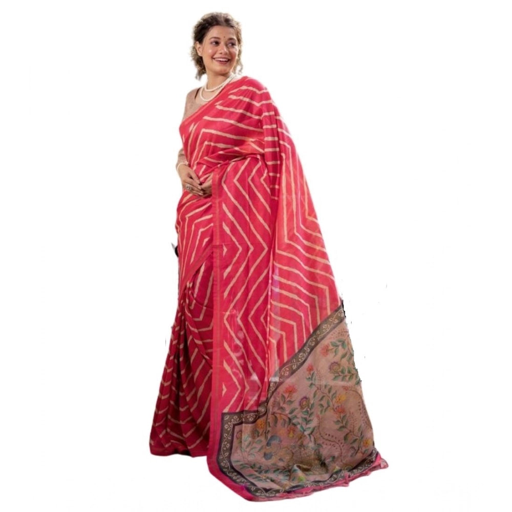 Women's Faux_Tussar_Silk Geometric_Print Saree With Unstitched Blouse 5.5Mtr (Pink) - VANSHELLE