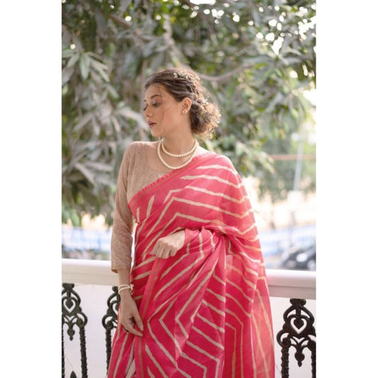 Women's Faux_Tussar_Silk Geometric_Print Saree With Unstitched Blouse 5.5Mtr (Pink) - VANSHELLE