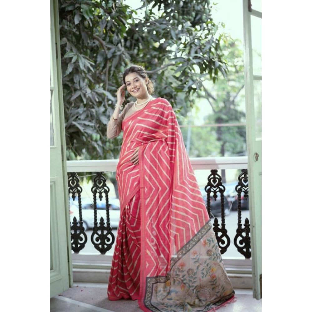 Women's Faux_Tussar_Silk Geometric_Print Saree With Unstitched Blouse 5.5Mtr (Pink) - VANSHELLE