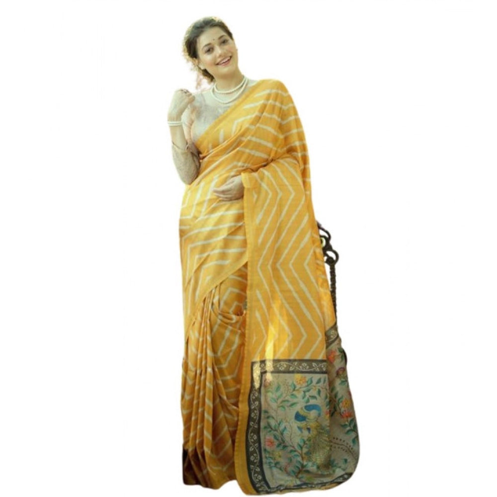 Women's Faux_Tussar_Silk Geometric_Print Saree With Unstitched Blouse 5.5Mtr (Mustard) - VANSHELLE