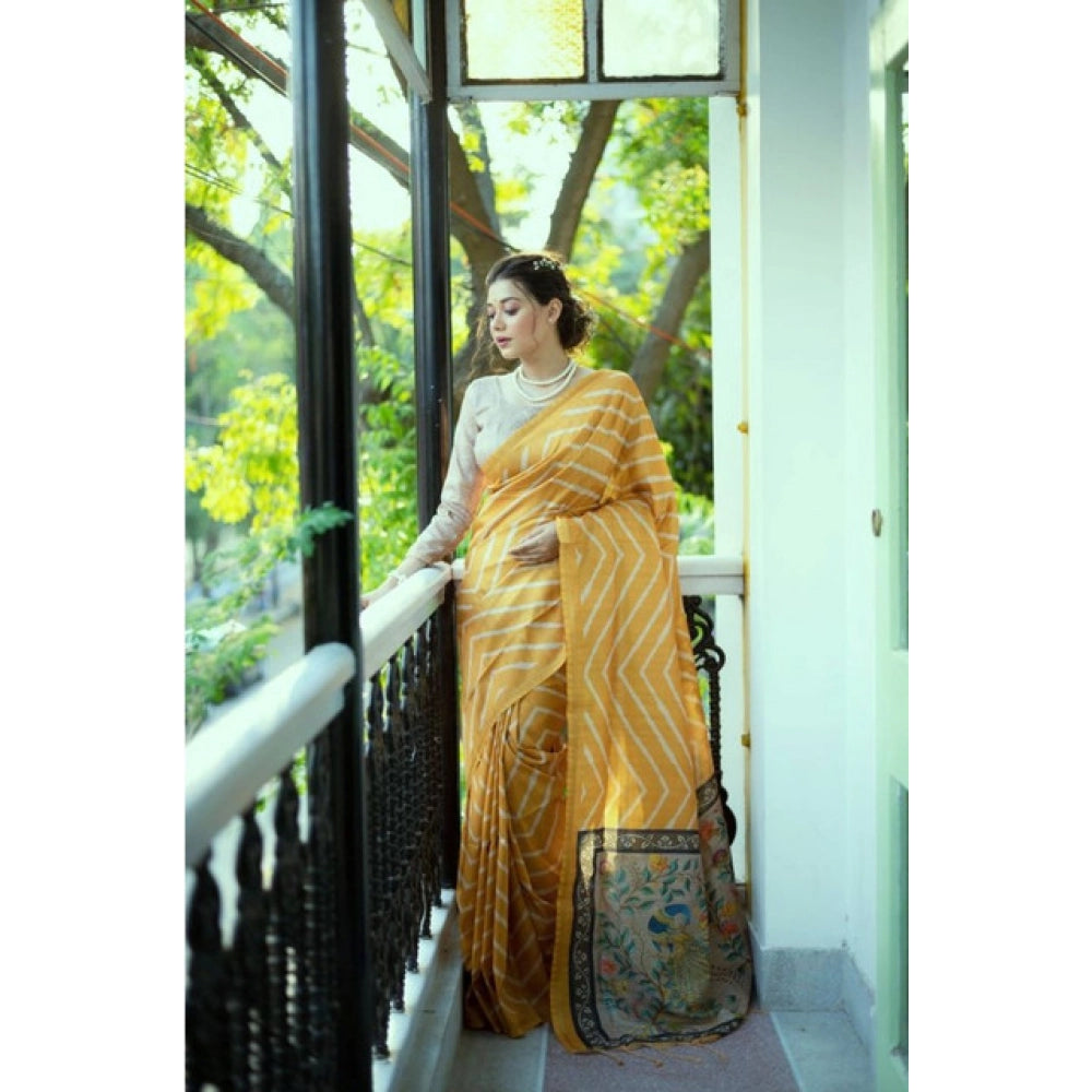 Women's Faux_Tussar_Silk Geometric_Print Saree With Unstitched Blouse 5.5Mtr (Mustard) - VANSHELLE