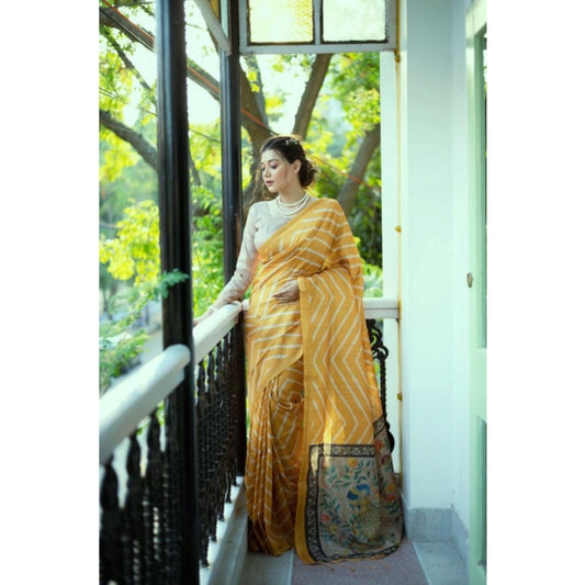 Women's Faux_Tussar_Silk Geometric_Print Saree With Unstitched Blouse 5.5Mtr (Mustard) - VANSHELLE