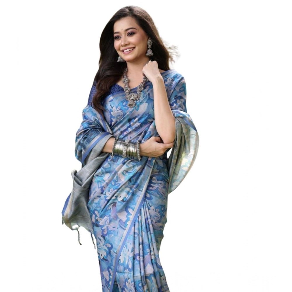 Women's Faux_Tussar_Silk Abstract_Print Saree With Unstitched Blouse 5.5Mtr (Blue) - VANSHELLE