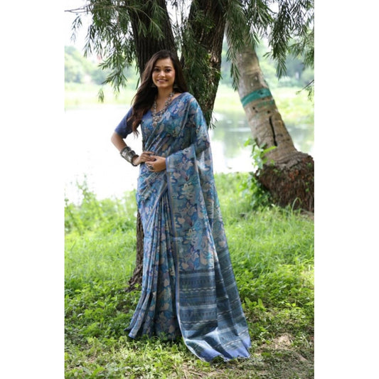 Women's Faux_Tussar_Silk Abstract_Print Saree With Unstitched Blouse 5.5Mtr (Blue) - VANSHELLE