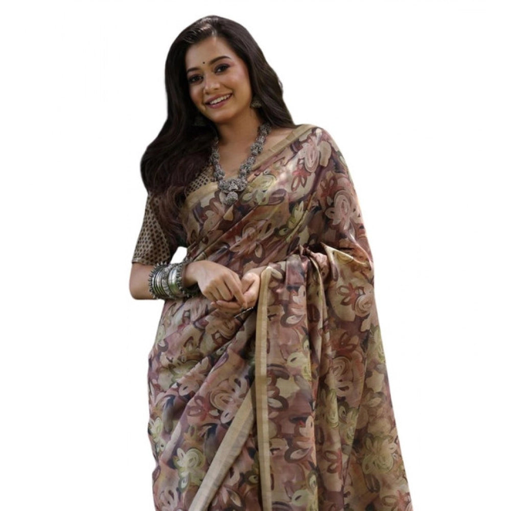 Women's Faux_Tussar_Silk Abstract_Print Saree With Unstitched Blouse 5.5Mtr (Brown) - VANSHELLE