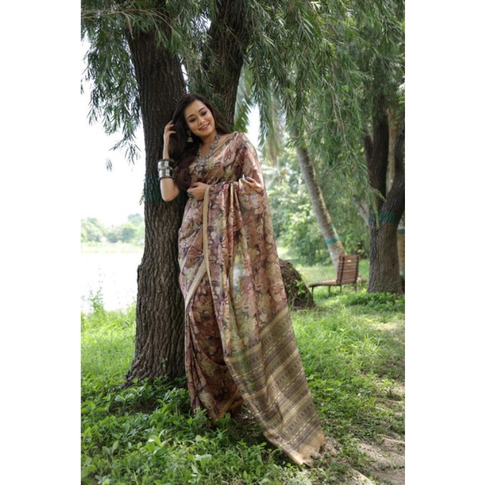 Women's Faux_Tussar_Silk Abstract_Print Saree With Unstitched Blouse 5.5Mtr (Brown) - VANSHELLE