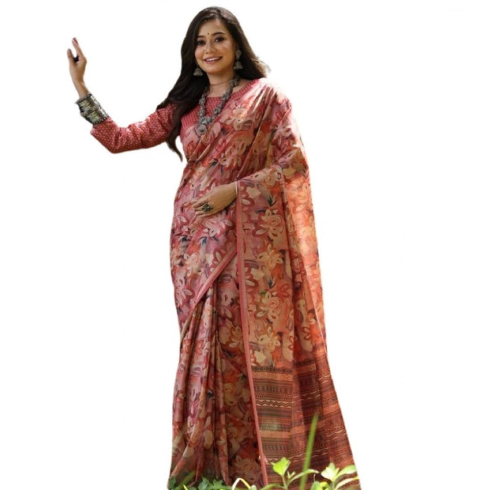 Women's Faux_Tussar_Silk Abstract_Print Saree With Unstitched Blouse 5.5Mtr (Peach) - VANSHELLE