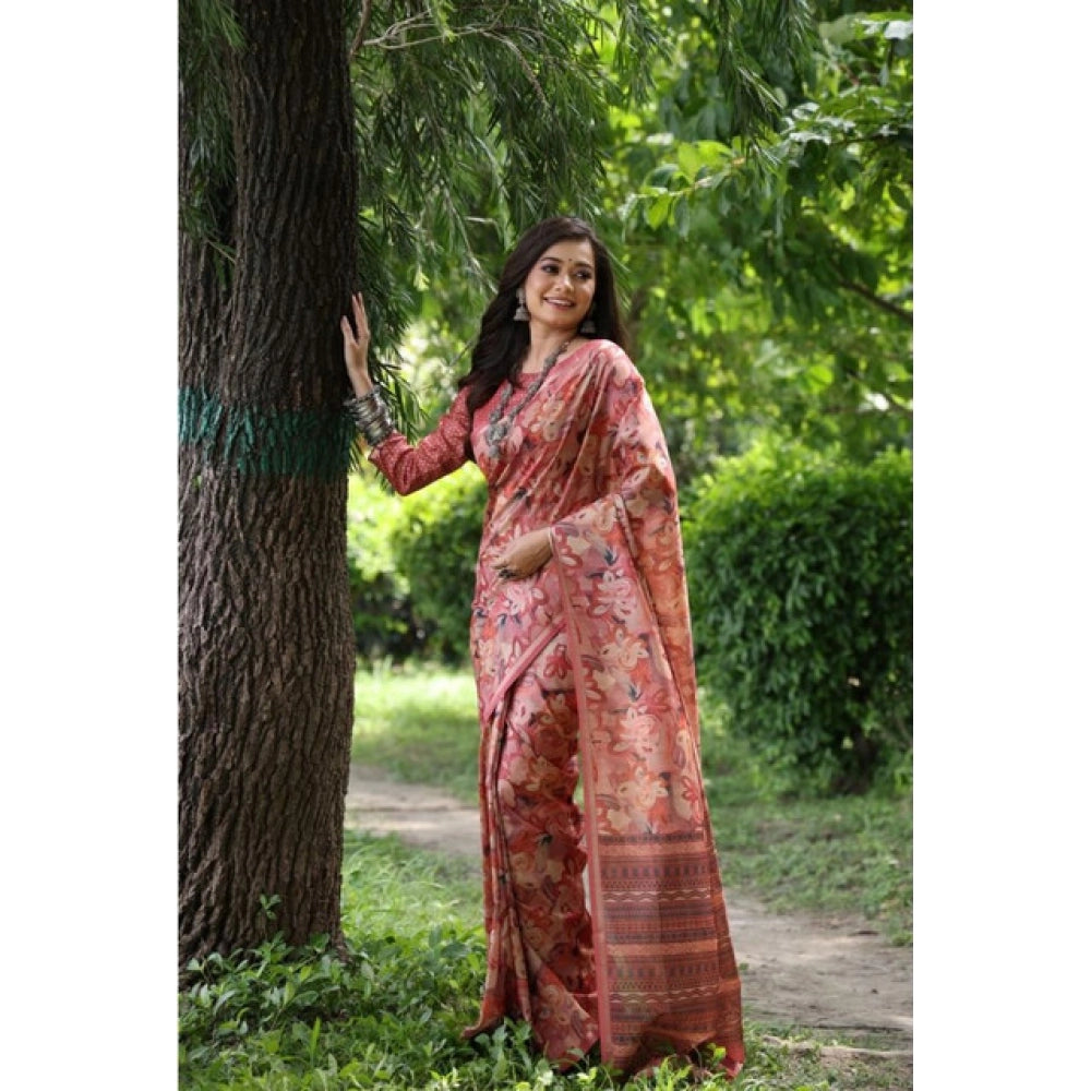 Women's Faux_Tussar_Silk Abstract_Print Saree With Unstitched Blouse 5.5Mtr (Peach) - VANSHELLE