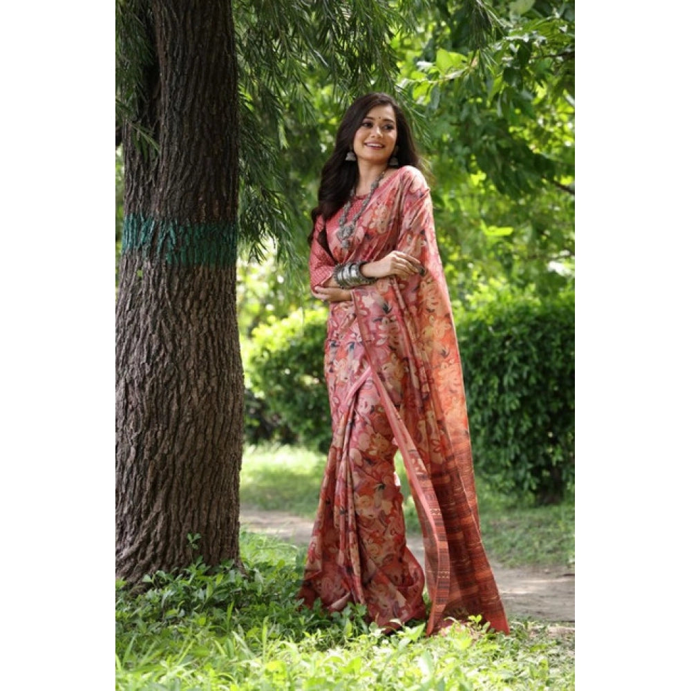 Women's Faux_Tussar_Silk Abstract_Print Saree With Unstitched Blouse 5.5Mtr (Peach) - VANSHELLE