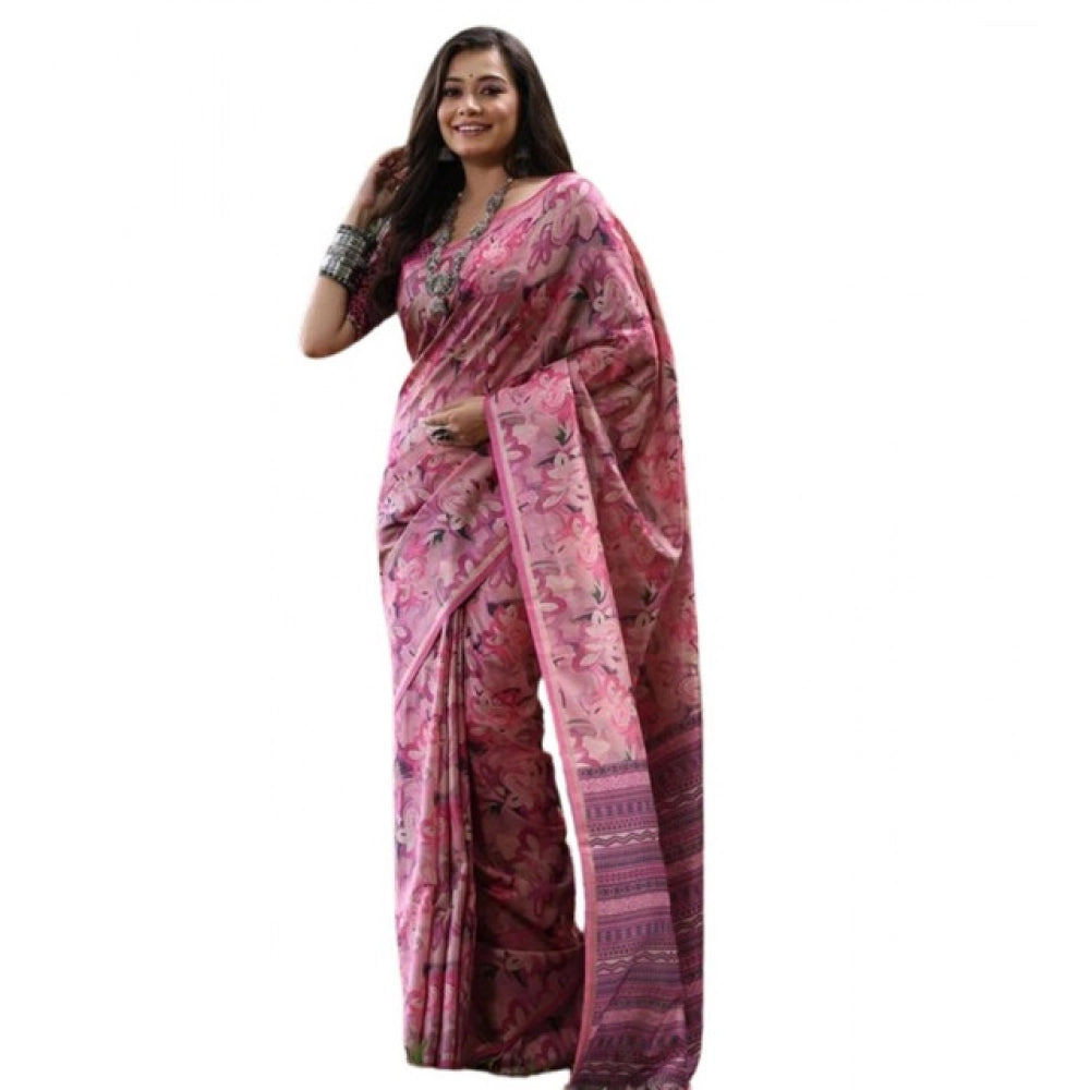 Women's Faux_Tussar_Silk Abstract_Print Saree With Unstitched Blouse 5.5Mtr (Pink) - VANSHELLE