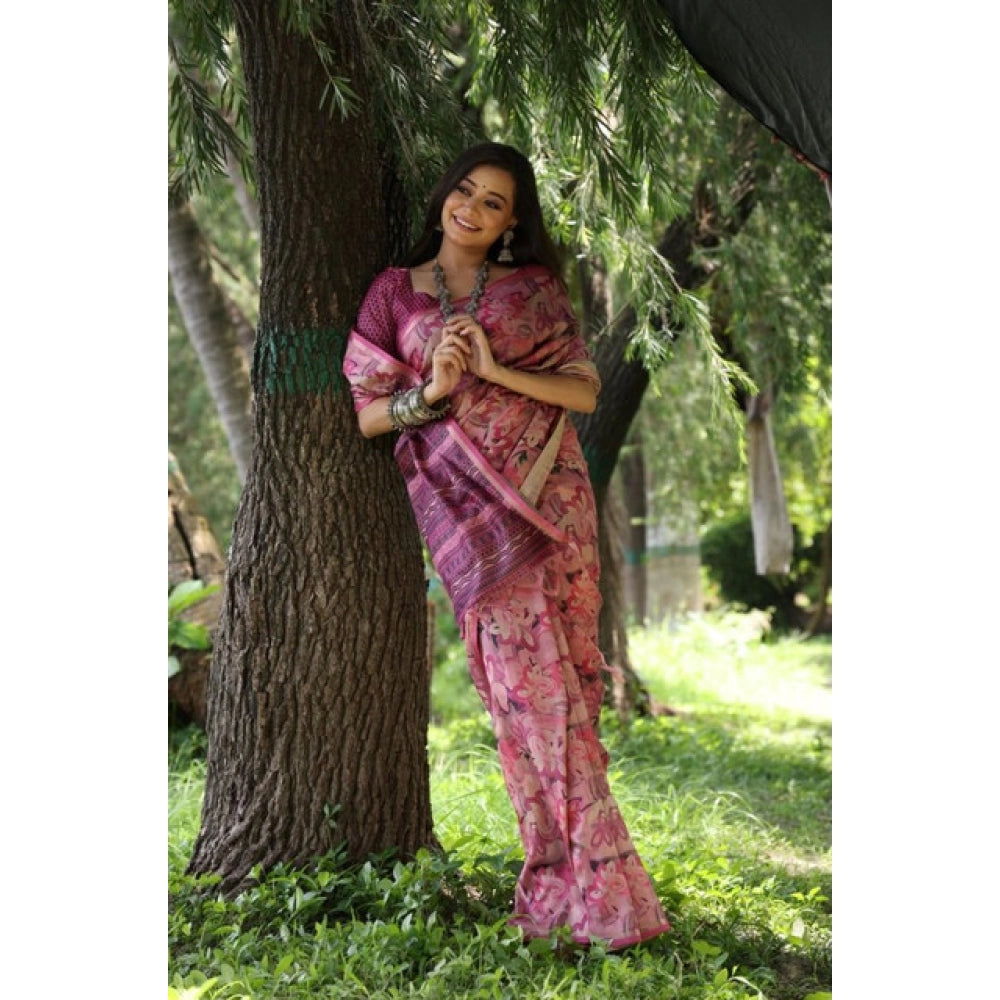 Women's Faux_Tussar_Silk Abstract_Print Saree With Unstitched Blouse 5.5Mtr (Pink) - VANSHELLE