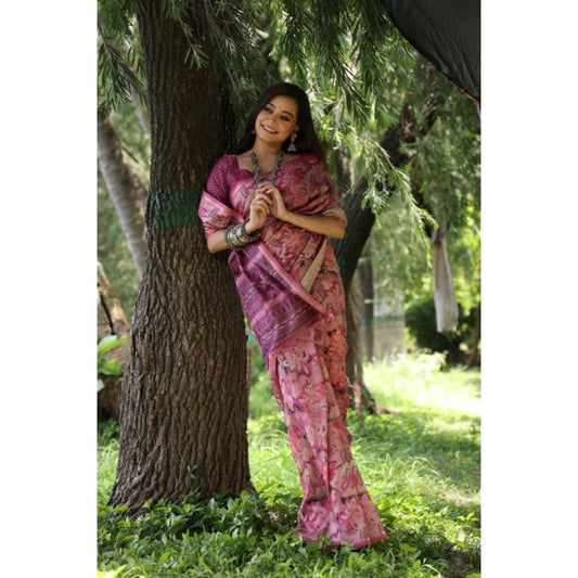 Women's Faux_Tussar_Silk Abstract_Print Saree With Unstitched Blouse 5.5Mtr (Pink) - VANSHELLE