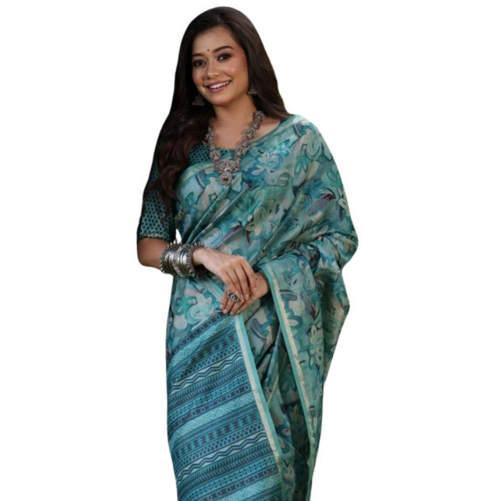 Women's Faux_Tussar_Silk Abstract_Print Saree With Unstitched Blouse 5.5Mtr (Sea_Green) - VANSHELLE