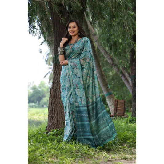 Women's Faux_Tussar_Silk Abstract_Print Saree With Unstitched Blouse 5.5Mtr (Sea_Green) - VANSHELLE