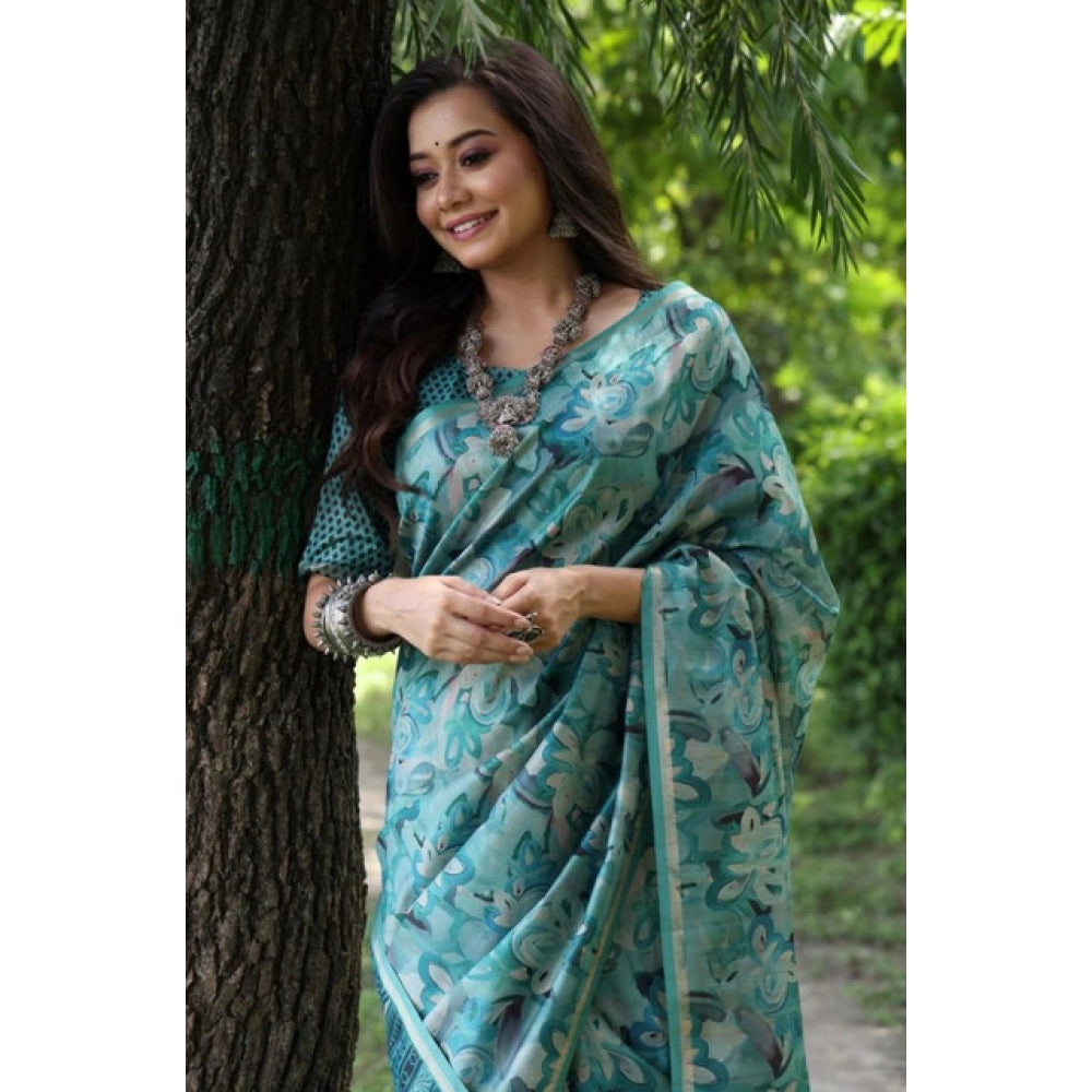 Women's Faux_Tussar_Silk Abstract_Print Saree With Unstitched Blouse 5.5Mtr (Sea_Green) - VANSHELLE