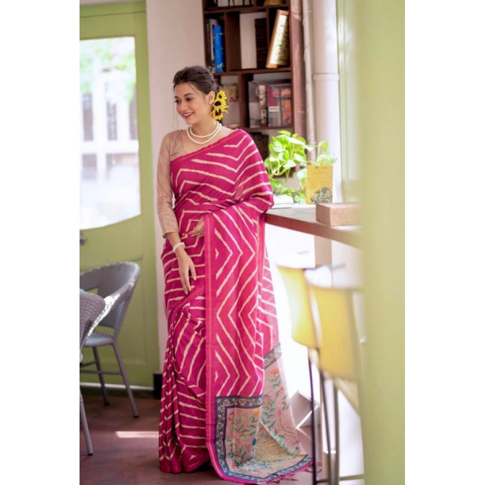 Women's Faux_Tussar_Silk Geometric_Print Saree With Unstitched Blouse 5.5Mtr (Light_Pink) - VANSHELLE