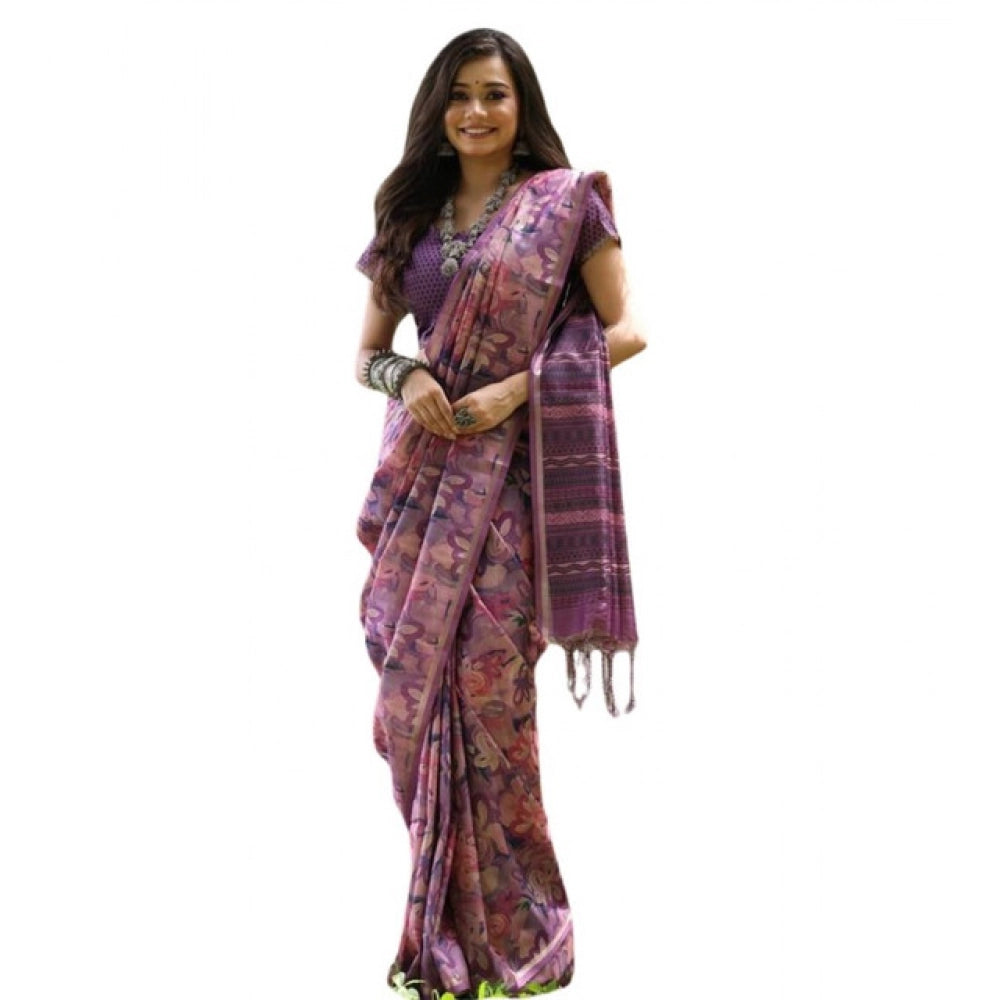 Women's Faux_Tussar_Silk Abstract_Print Saree With Unstitched Blouse 5.5Mtr (Purple) - VANSHELLE