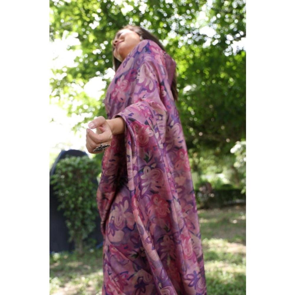 Women's Faux_Tussar_Silk Abstract_Print Saree With Unstitched Blouse 5.5Mtr (Purple) - VANSHELLE