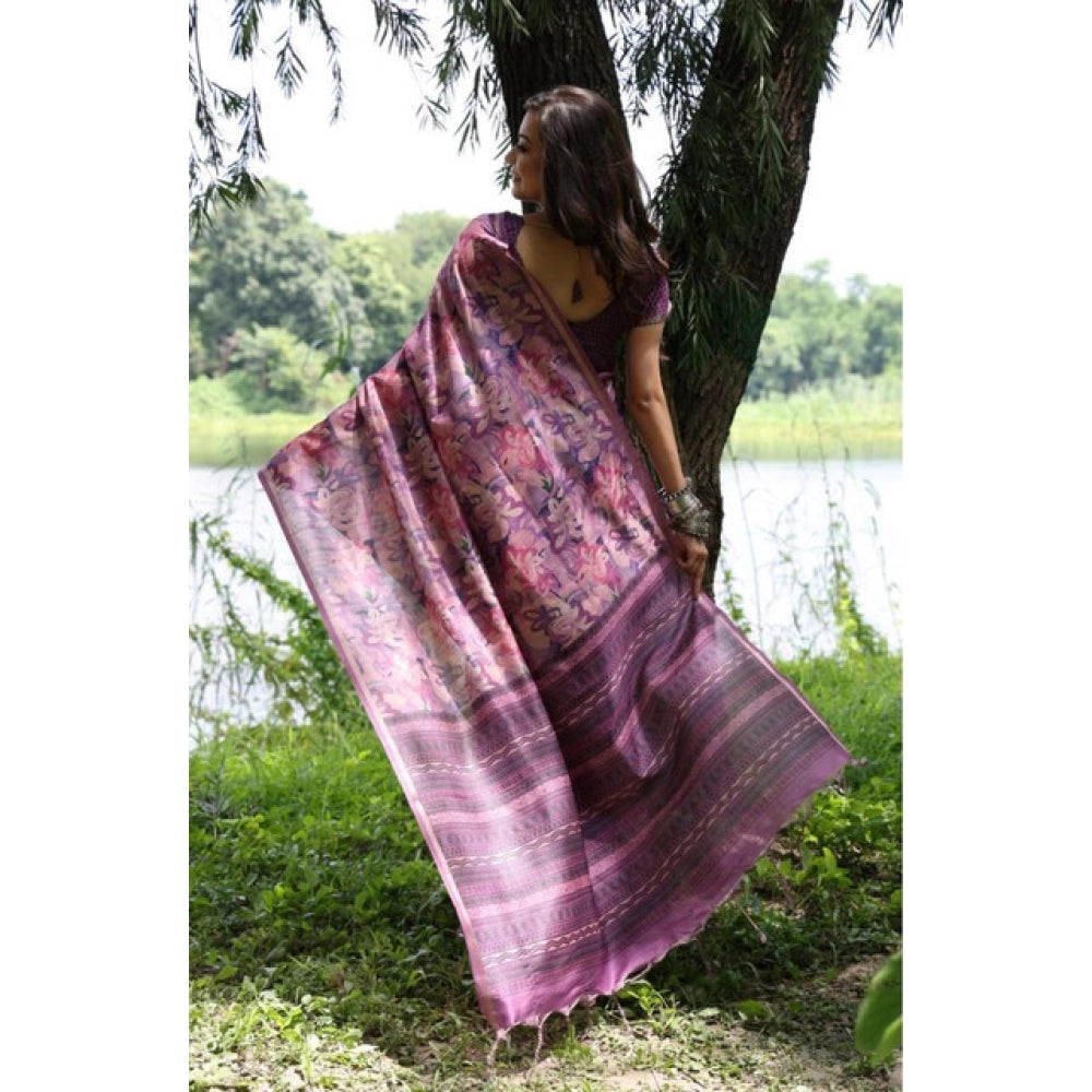 Women's Faux_Tussar_Silk Abstract_Print Saree With Unstitched Blouse 5.5Mtr (Purple) - VANSHELLE