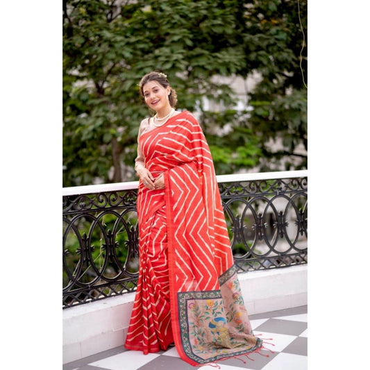 Women's Faux_Tussar_Silk Geometric_Print Saree With Unstitched Blouse 5.5Mtr (Red) - VANSHELLE