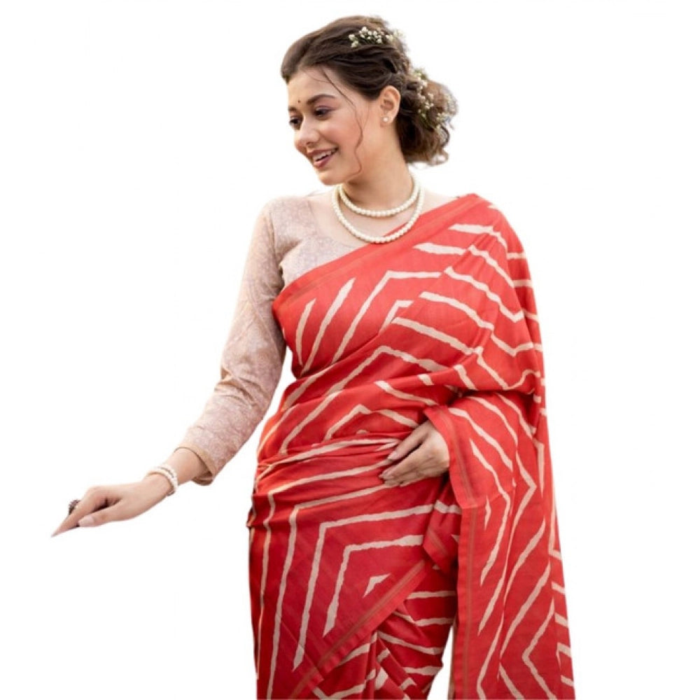 Women's Faux_Tussar_Silk Geometric_Print Saree With Unstitched Blouse 5.5Mtr (Red) - VANSHELLE